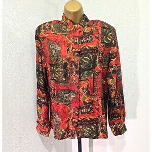90s Vtg Tess Silk Tailored Blouse Womens 10 Brown Red Office Career Moody Artsy
